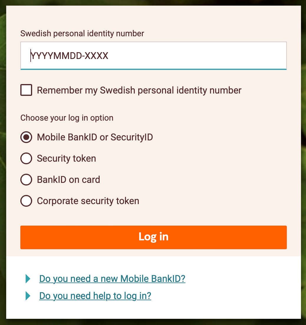 Illustration of the log in window for the internetbank